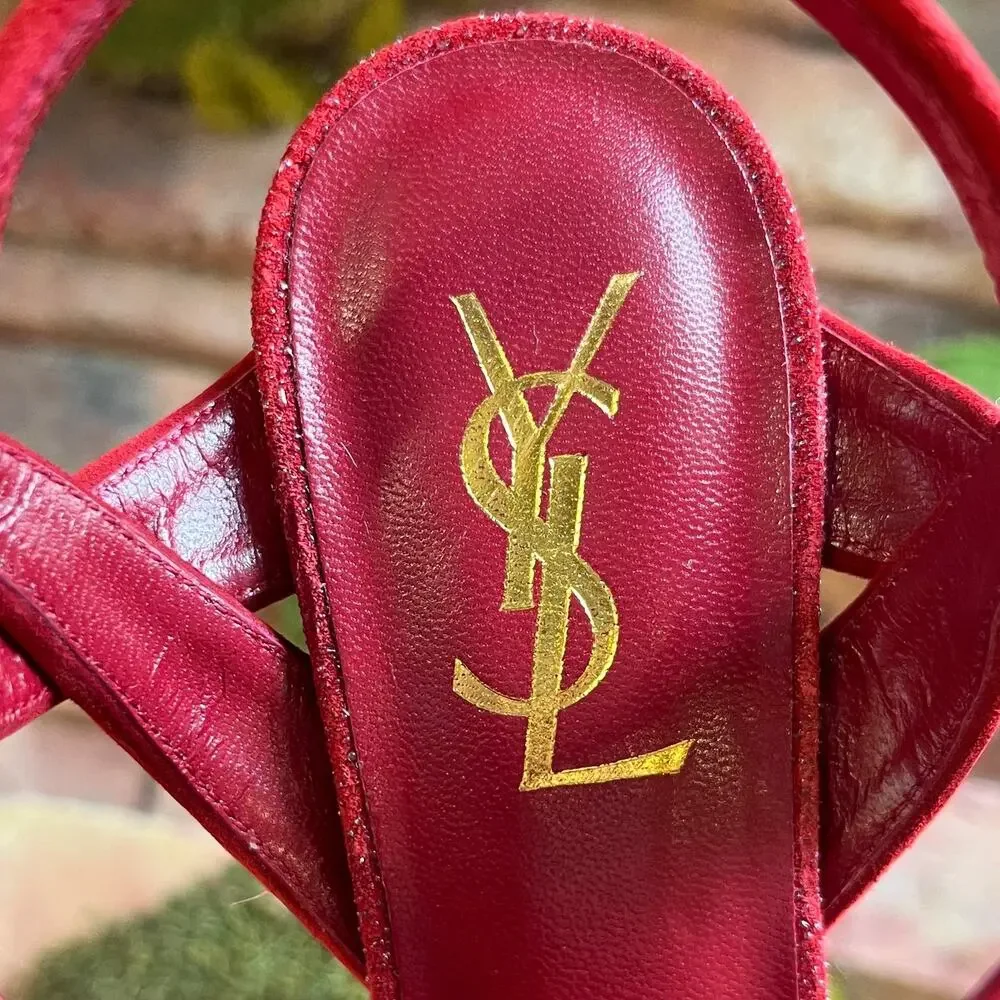 SAINT LAURENT Red Suede Glitter Tribute Heels SZ 36 (US 6) - Picture 9 of 11